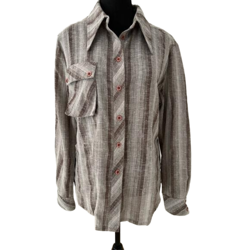 MISTER LEONARD Vintage Button Long Sleeve Front Striped Shirt Coastal 1970's